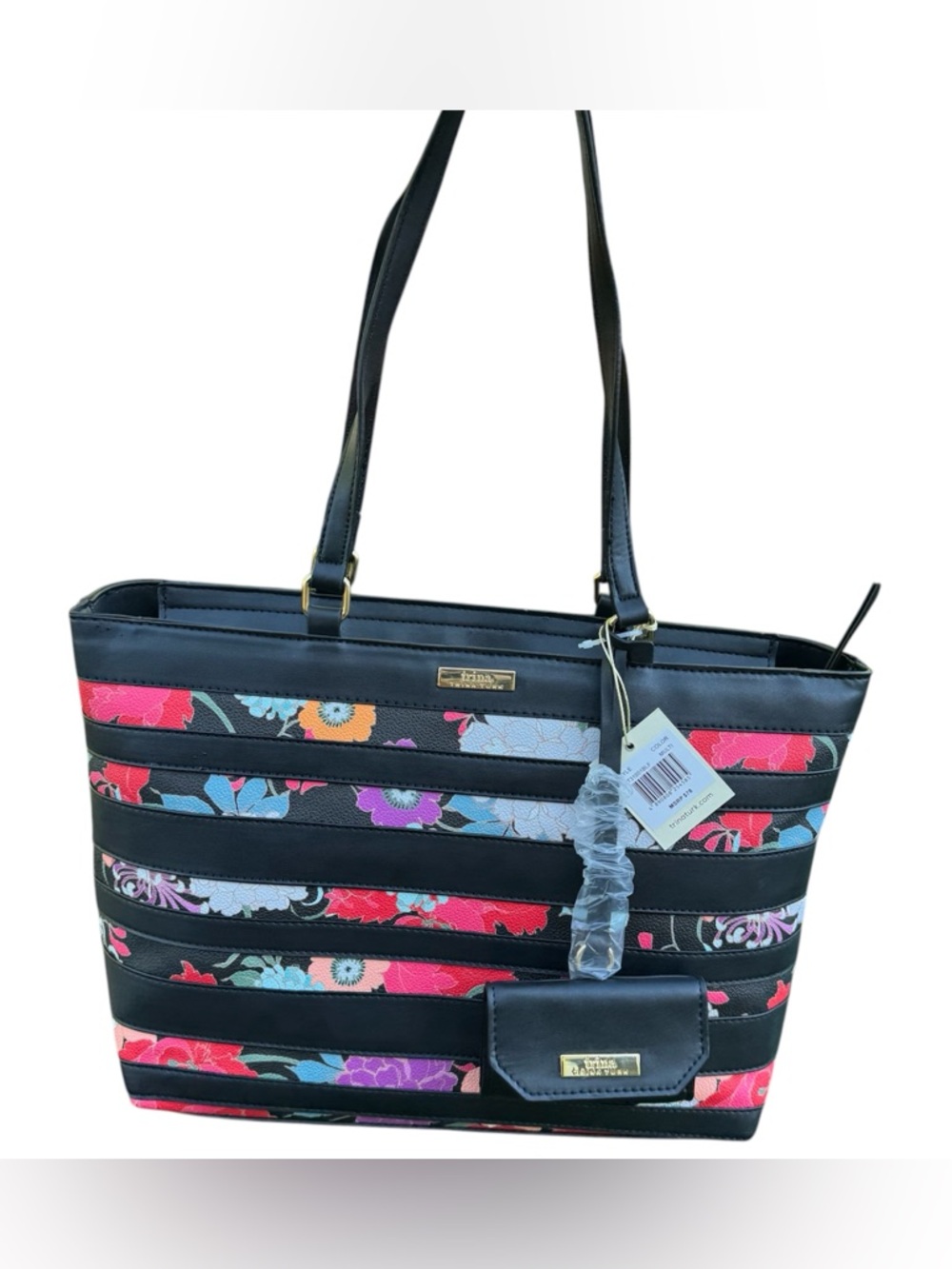 Trina Turk Black Striped Floral Spring Mini Pouch Large Tote Shoulder Handbag